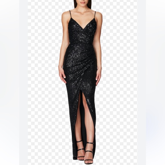 Eliza J NWT Sequin Deep V High Slit Evening Gown Black Sz 4 Formal Party  Prom